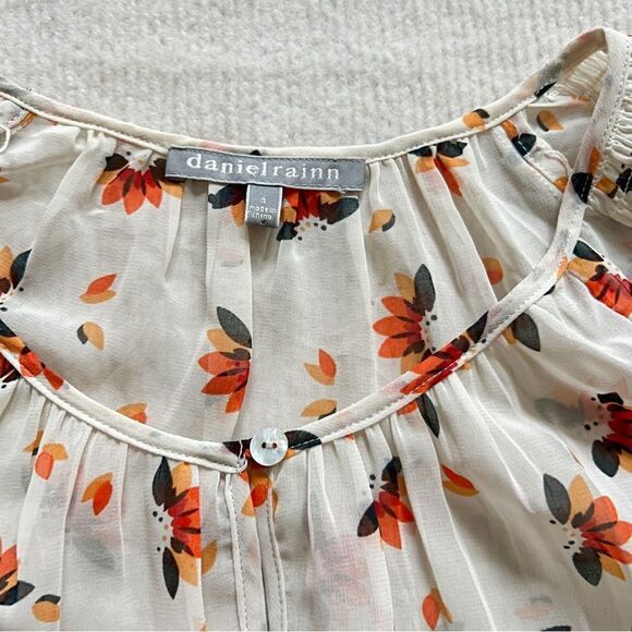Daniel Rainn Women Cream Sheer Blouse Orange Floral Print Blouse Vacation Size S - Picture 3 of 6
